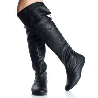 Flat Over The Knee Boots Winter Thigh High Black Tall Fold Over Womens 