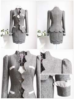   Fashion Ladys OL Gray Lace Bubble Sleeves Woolen Cloth Suit Dress