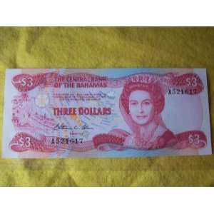  Bahamas 3 Dollars Paper Money Banknote. Pick 44 