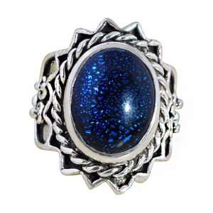 Large Dark Blue Spark Accent Glass Gemstone Ring/wedding Band Platinum 