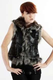 United Face Womens New Fancy Fox Trimmed Lamb Fur Black Leather Vest 