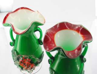 VINTAGE 50s CZECH CASED GLASS GREEN RED ORANGE VASE PR  