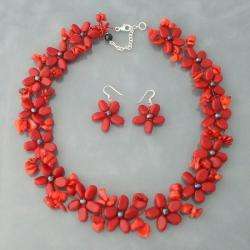 Red Coral and Black Pearl Flower Jewelry Set (3 10 mm) (Thailand 