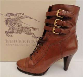 BN Burberry Brown Leather Lace Up Ankle Strap Boots Shoes UK7 EU40 