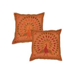  2 Pcs Indian Hamdmade Peacock Embroidery Ethnic Pillow 