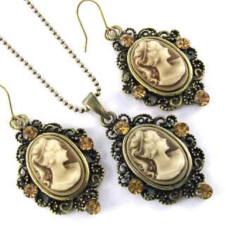 Antique VTG Style Brown Cameo Necklace Earrings Set s74  