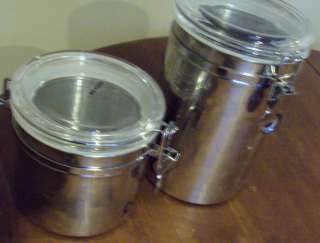 CRATE & BARREL SET OF 2 STAINLESS STEEL CANISTER SET WITH GLASS LID 