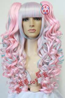   DOUBLE PINK AND BLUE CURLY HEAT RESISTANT SPLIT TYPE WIG +gift  
