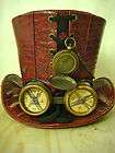   Red Leather Look Top Hat with rustic compass, goggle with compass lens