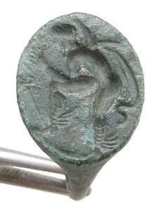 GREEK BRONZE SEAL RING WITH INTAGLIO HERMES  