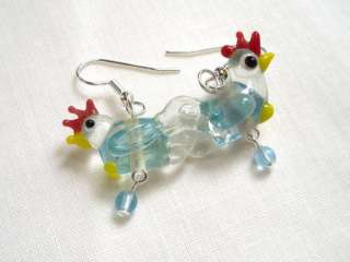 Happy Chicken Earrings  lampwork glass rooster silver  