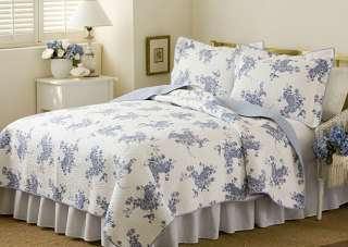   Floral Toile QUILT SET Queen White & Navy Blue Country Flower  