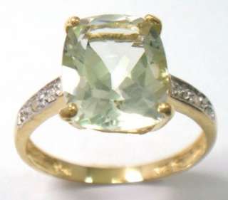   YELLOW GOLD CUSHION CUT GREEN AMETHYST & DIAMOND RING SIZE 7  