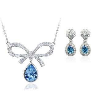 Aquamarine Blue Crystal Rhodium Plated Pendant and Earrings Set Used 