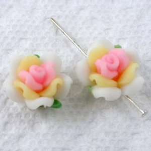  10pcs WHITE Handmade Leafy Clay Rose Flower Beads 15mm ~Loose Beads 