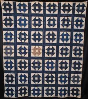 1900s BLUE AND WHITE HAND SEWN PATCHWORK CHURN DASH QUILT  