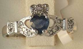   White Sapphire & Diamond Claddagh Ring Irish Made by SHANORE  