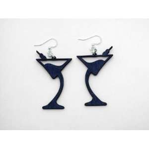  Royal Blue Martini Glass Wooden Earrings GTJ Jewelry