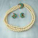 Aqua Cream Crescent Vintage 3 Strand Bead Necklace Earrings Set  