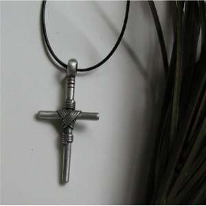    Roped Cross Pendant Black Leather Necklace 