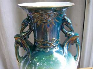 Vintage Large Porcelain Vase with Dragon Handles Teal Lustre Gold Trim 