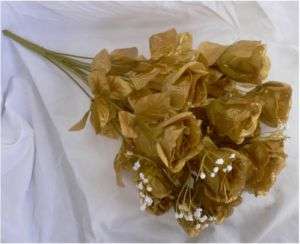 14 GOLD Long Stem Silk Rose Buds Wedding Bouquet  