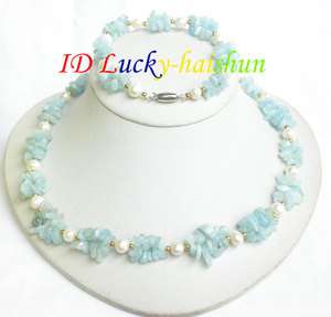 aquamarine white pearls necklace bracelet j7607  