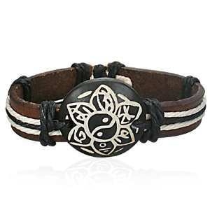   Rope Leather & Bone Flower Yin Yang Watch Style Bracelet Jewelry