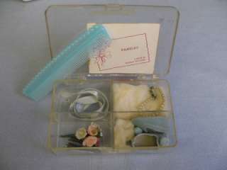  hairpins, pale blue hair ribbon, large comb, nosegay of flowers