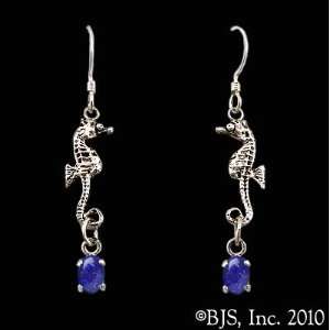 Seahorse Earrings with Gem, 14k White Gold, Lapis Lazuli set gemstone 