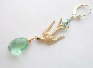 14k Gold Vintage French Birds with Sapphire Eyes & Fluorite Drop 