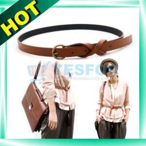 Hot Brown Faux Leather Loop Tuck Thin Skinny Waist Belt  