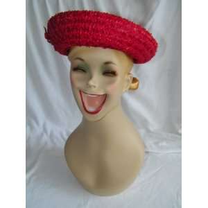  Vintage Red Straw Hat Roberta Bernays Buckle Trim 3014 