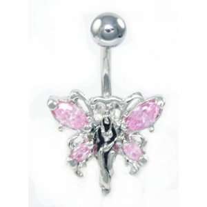   Butterfly Fairy Pink Ice Crystal Charm Belly/Navel Ring Silver Tone