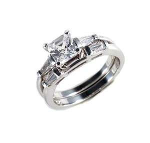   SILVER Princess CZ Baguette Accents Engagement Wedding Ring set  