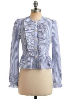 Turn of the Tide Top   Blue, Stripes, Buttons, Ruffles, Casual 