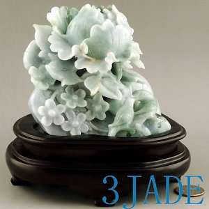 Natural Jadeite Jade Carving / Sculpture Birds & Flower Statue  