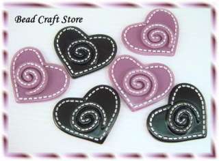 6pcs Lucite Purple/Black Stitched Swirl Heart Pendants  