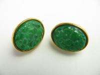 Vintage Jewelry Gold Plate Green Glass Clip On Earrings  
