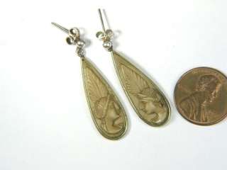 LOVELY ANTIQUE SILVER LAVA CAMEO DROP EARRINGS c1880  