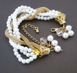   Elegant Gold White Pearls Beaded Strand Bracelet Multilayer Charm New