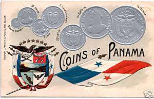 PANAMA SUPERB EMBOSSED 1907 CARD w 3 D SILVER BALBOA COINS & FLAG 