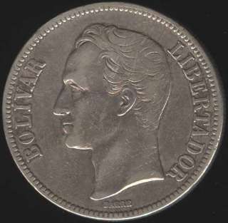 VENEZUELA RARE BEAUTY 5 BOLIVIANOS 1929 SILVER COIN  