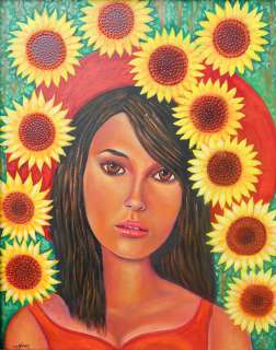 Young Lady with Sunflowers, Original by Miguel Alfaro  