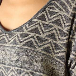 Stylish Tribal Print Hacci Soft Knit Dolman Sleeve V neck Top Fashion 