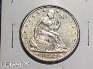 1855 O SEATED LIBERTY HALF DOLLAR AU DETAILS (GOE+  