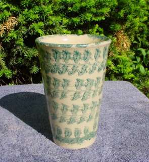Blue, Green, and White Spongeware Yellow Ware Vase  
