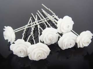 12PCS WEDDING BRIDAL WHITE ROSE CRYSTAL HAIR PINS PROM  