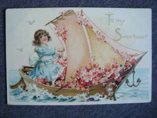 Raphael Tuck. Valentine Postcard. Girl In Flower Boat.  