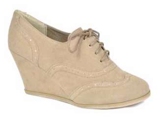 LADIES BEIGE LACE UP SUEDE WEDGE WOMENS BROGUE SHOES  